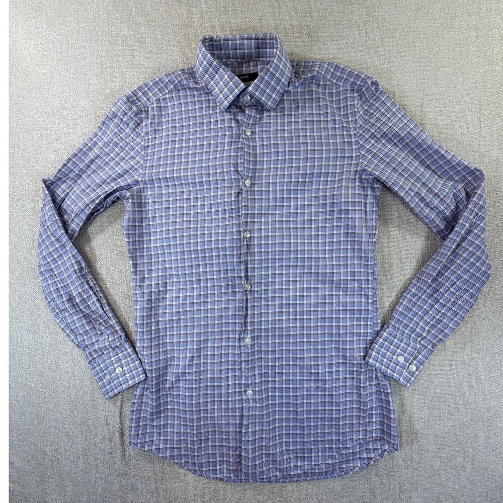 Hugo Boss Men 38x15 Blue Red Plaid Slim Fit Long Sleeve Button Front Dress Shirt